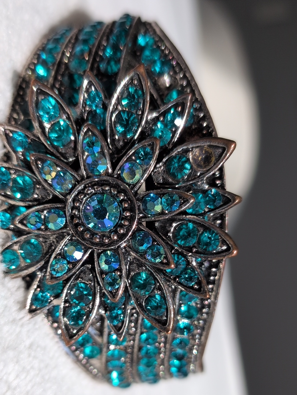 Teal Crystal Floral Statement Ring - Elegant Sparkle